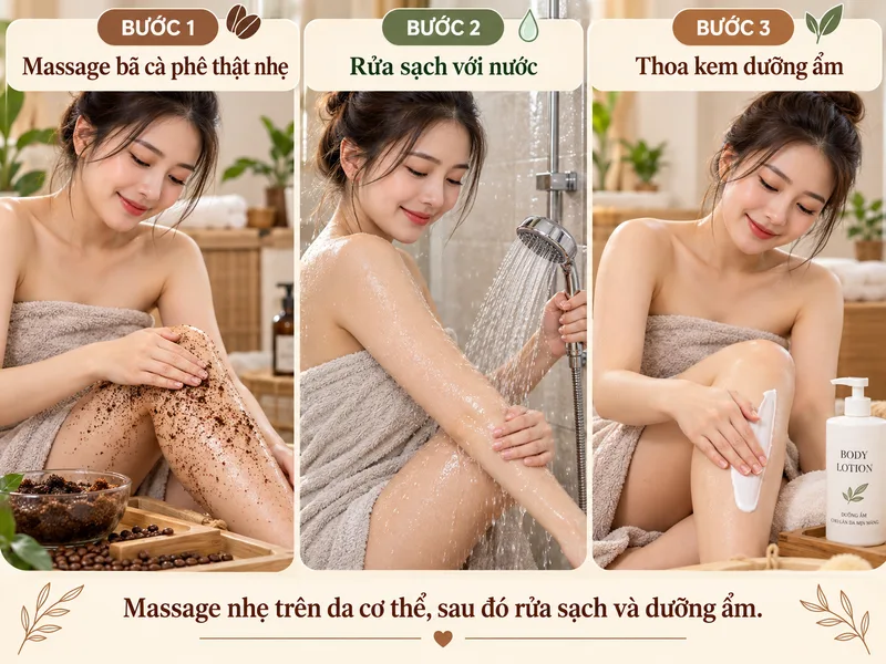 Massage bã cà phê thật nhẹ trên da cơ thể, sau đó rửa sạch và dưỡng ẩm.